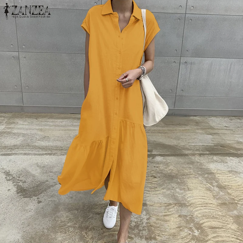 

ZANZEA 2021 Women's Summer Sundress Elegant Solid Shirt Dress Female Short Sleeve Maxi Vestidos Casual Robe Lapel Saias Longas