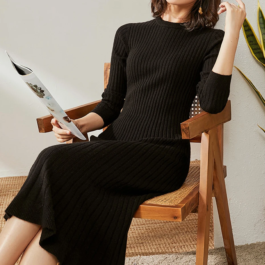 Вязанный зимний свитер платье для женщин Труба Милая девушка с длинным рукавом