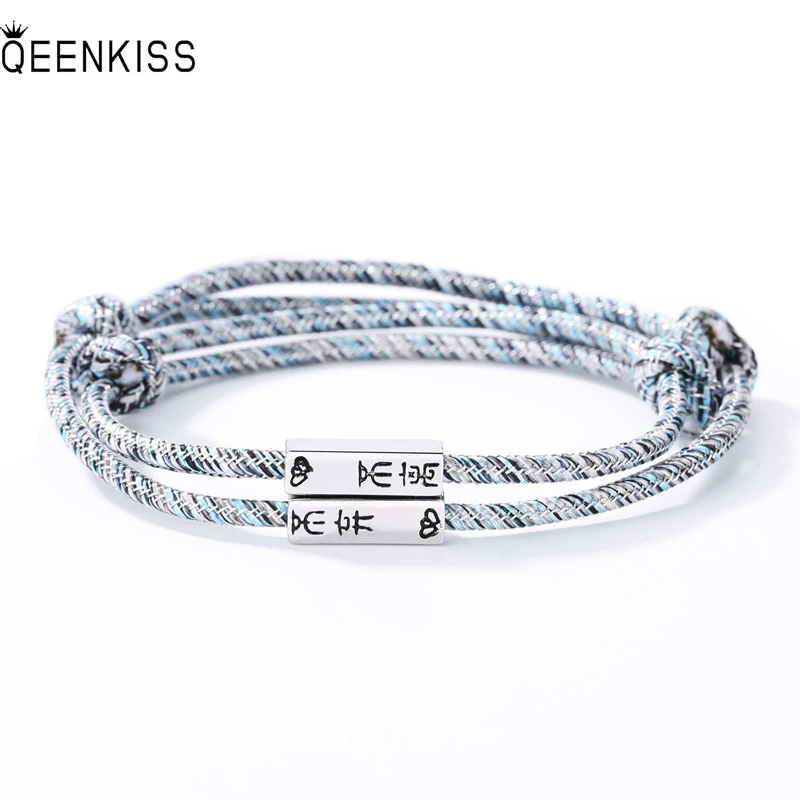 

QUEENKISS BT696Fine Jewelry Wholesale Fashion Couples Birthday Wedding Gift Simple Square 925 Sterling Silver Pendant Bracelet