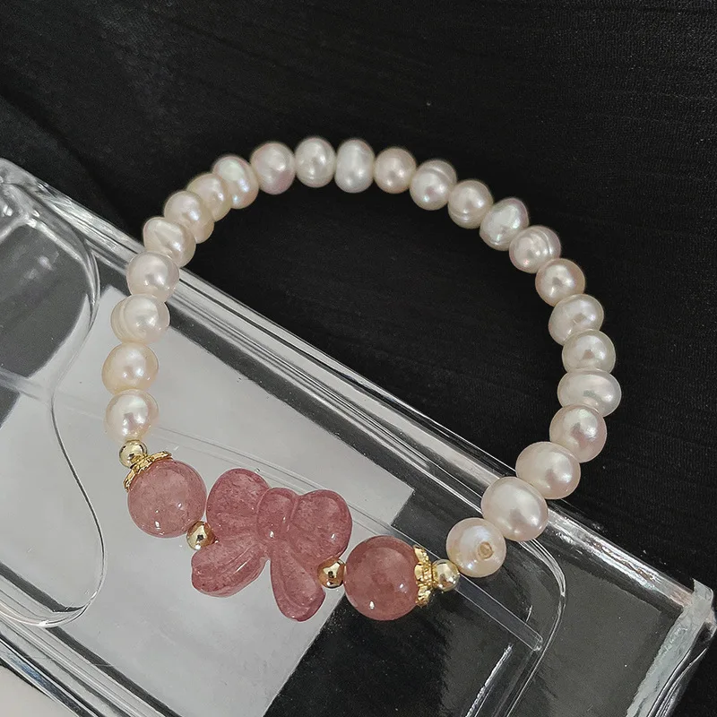 

Strawberry Crystal Bow Bracelet female retro natural freshwater pearl bracelet exquisite high-grade jewelry