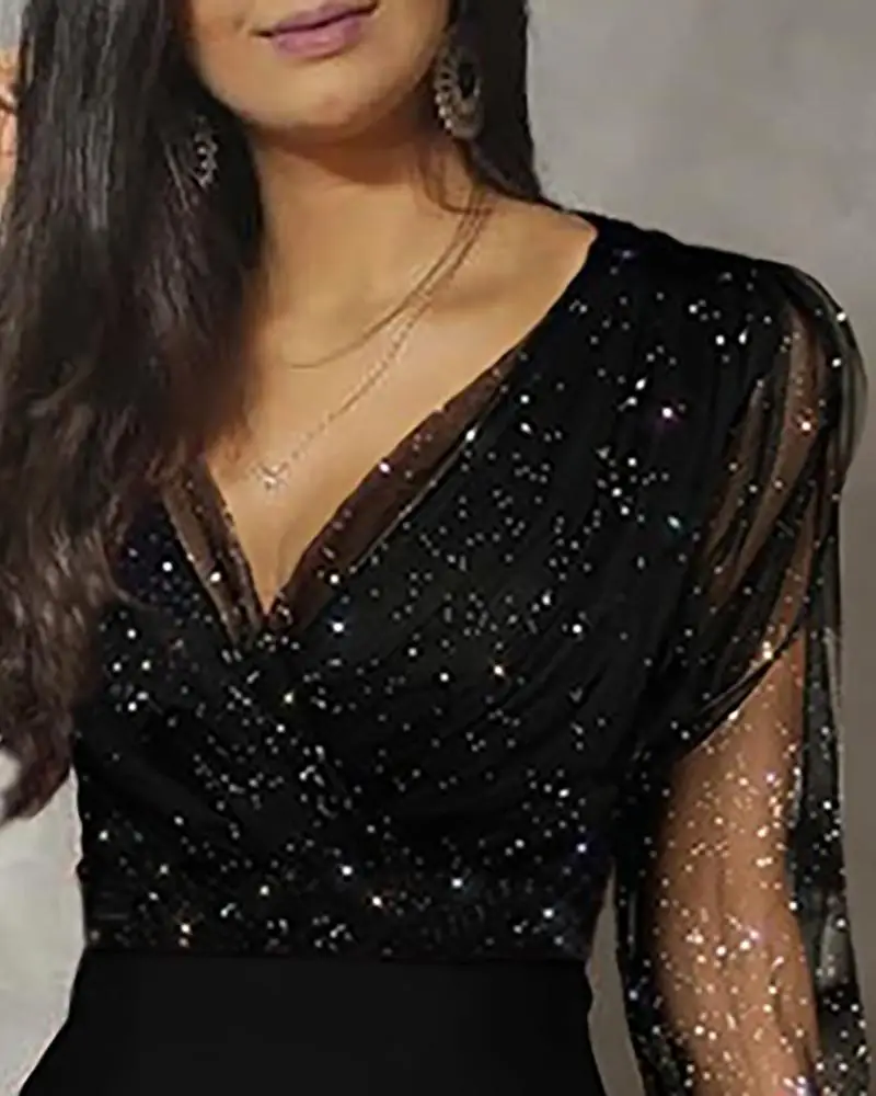 2020 Women Elegant Casual Party V-Neck Jumpsuit Female Long Sleeve Romper Sheer Mesh Glitter Ruched Wrap Jumpsuit