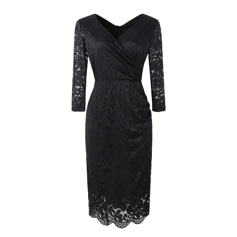 

BacklakeGirls Women Casual Solid Lace Elegant Office Dress V Neck Long Sleeve Knee-length Cocktail Party Dress Vestidos Mujer