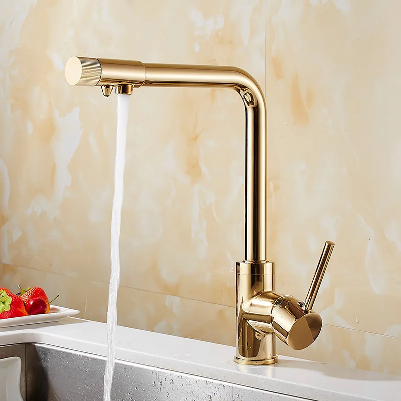 

Gold Purified Water Kitchen Faucets Crane Dual Handles Pure Water Filter Hot Cold Water Mixer Taps Retro Faucet ARW2