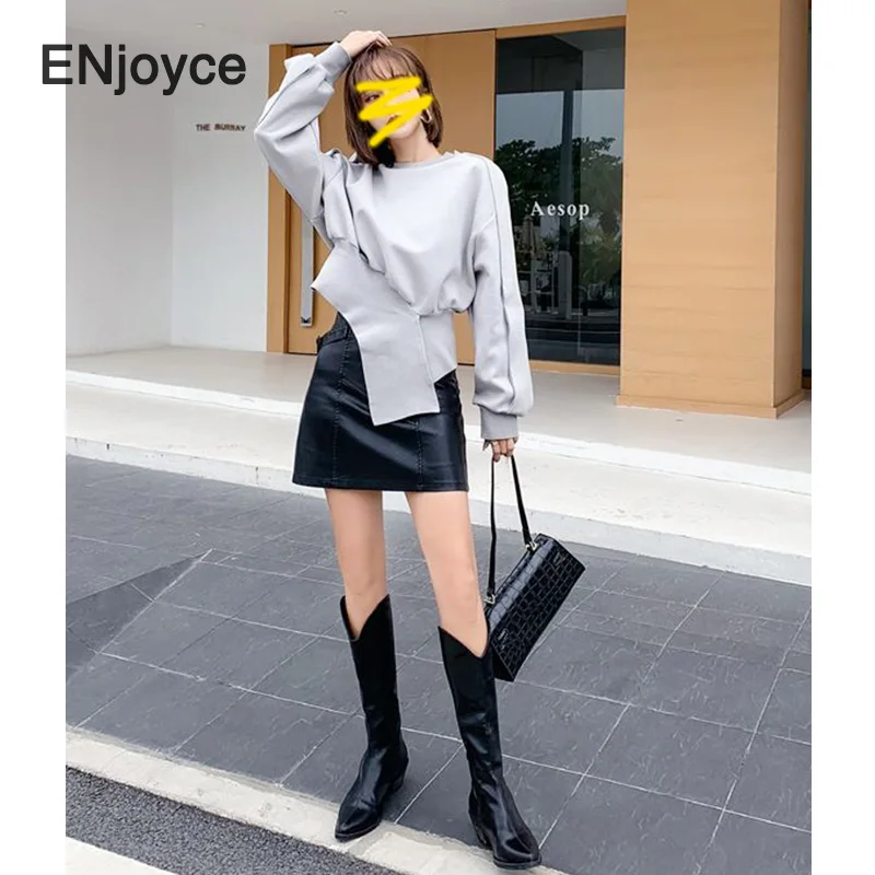 

2021 Spring New Asymmetric Split Short Sweatshirt Women Korean Fashion Grey Pullover Casual Oversized Hoodie Clothing