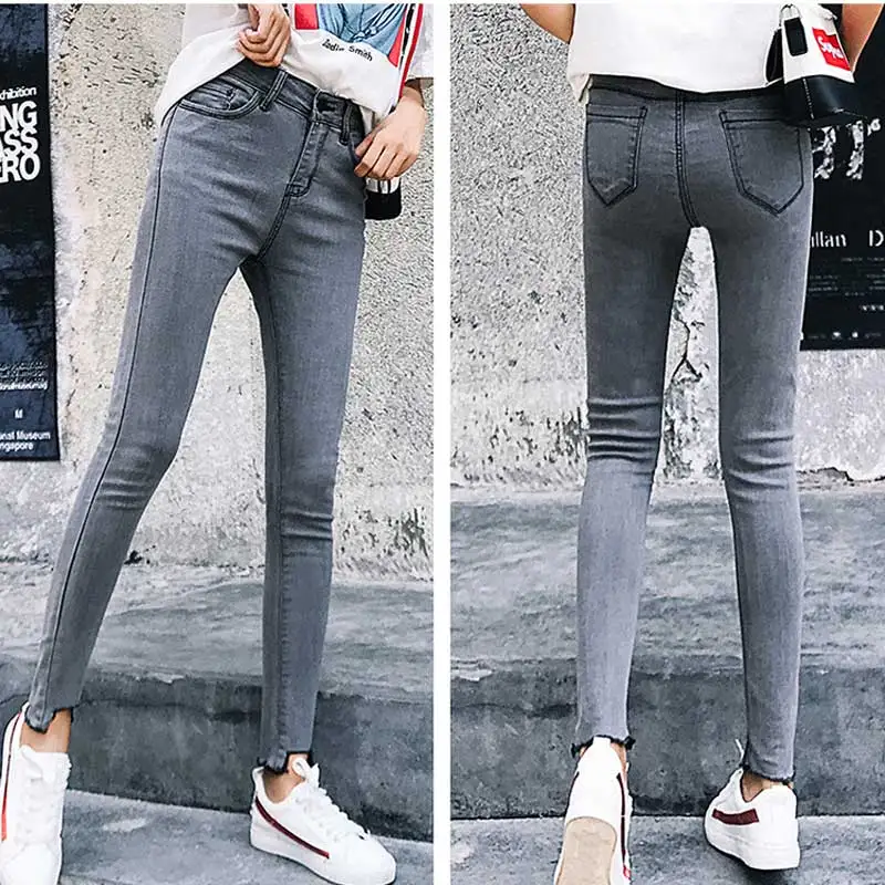 Серые джинсы женские 2019 новые корейские с высокой талией эластичные тонкие и