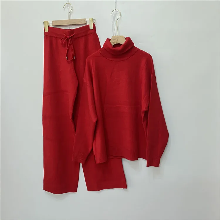 Luxury Two Pieces 45% Cashmere + 30% Wool Suits Female Turtleneck Warm Mink Cashmere Knit Tops +  Wide Leg Wool Pant Sets F2532