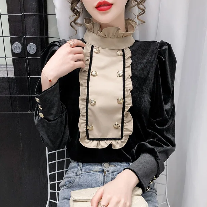 

Womens Tops Blouses Elegant Long Sleeve Lolita Shirt Ladies Patchwork Plaid Femme Tuxedo Blusa Feminina Streetwear Ropa Mujer