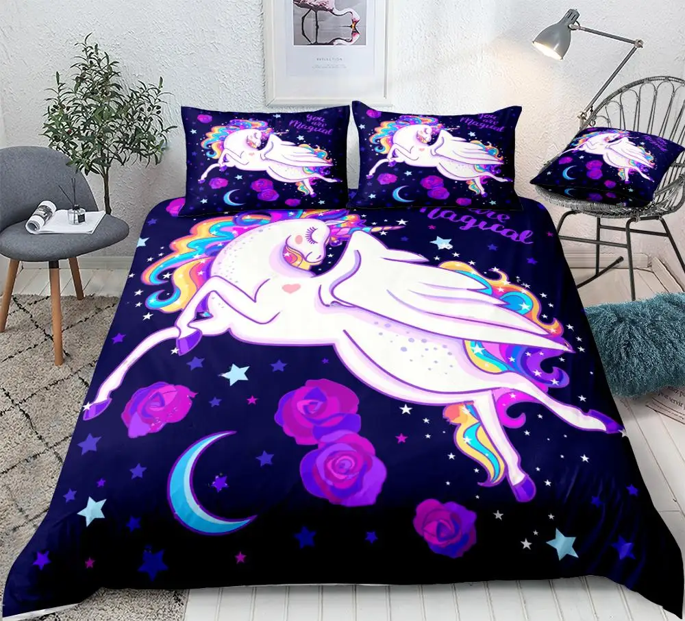 

Unicorn Duvet Cover Set Rainbow Unicorn among Stars Roses Bedding Kids Girls Colorful Unicorn Quilt Cover Queen Flowers Dropship