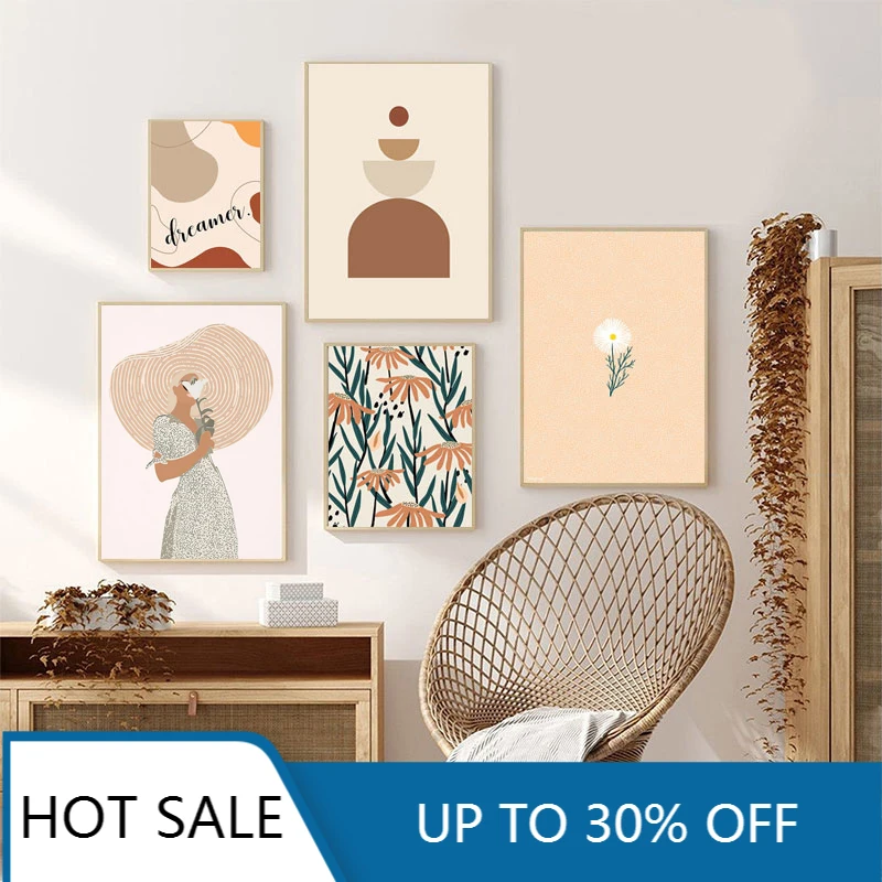 Женская Геометрическая изогнутая абстрактная ретро Картина на холсте с цветами