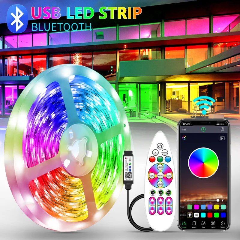 

Светодиодная Rgb лента для подсветки телевизора, USB, Bluetooth-контроллер, 5050 диодов, гибкая лента, 1-30 м, 5 В, светодиодные лампы для декора комнаты