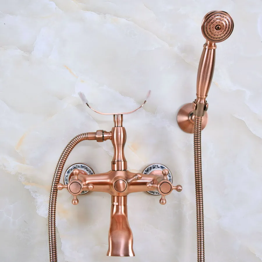 Античный красный медный смеситель с двойными перекрестными ручками для ванны и