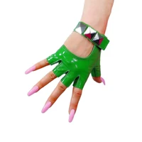 real leather patent leather semi finger gloves bright green silver rivet sheepskin fingerless women gloves touchscreen zp50
