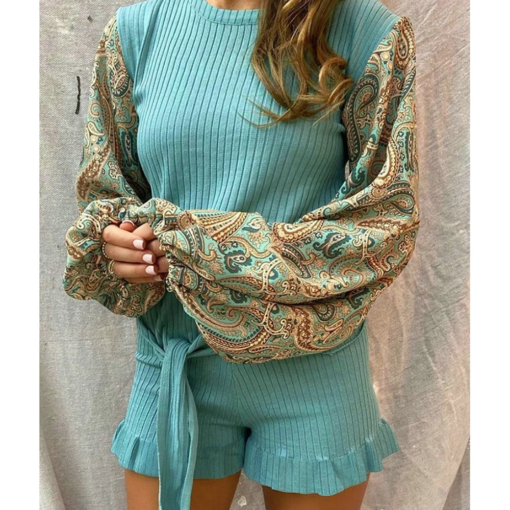

Fashion Women 2 Piece Outfits Belt Ruffles Decor O-Neck Long Lantern Sleeve Patchwork Print Top+Elastic High Waist Shorts