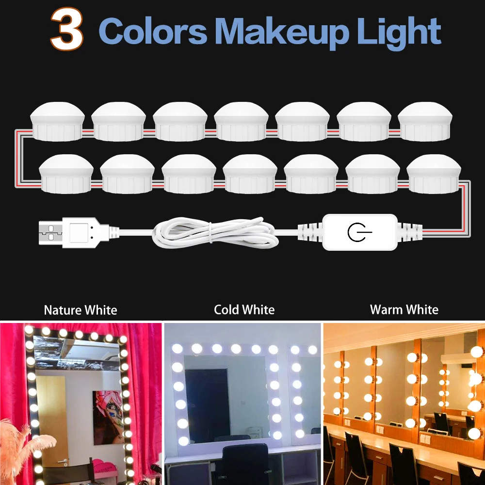 

Makeup Mirror Vanity Lamp Wall Led Bathroom Lighting USB 12V Dimmable Dressing Table Light Makeup Mirror 3 Colours Make up Table