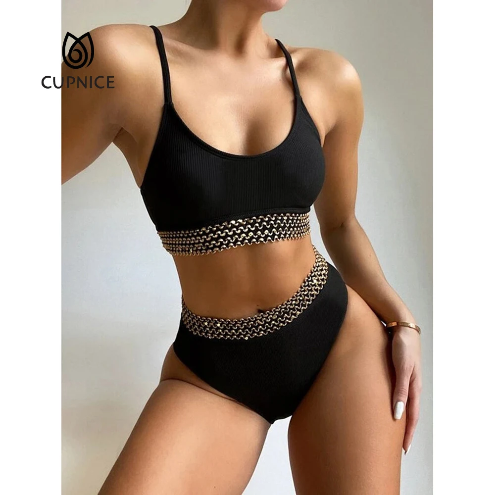 

CUPNICE2021 новые бикини, европейские и американские купальники, черные полоски бикини с сеткой, красный облегающий купальник с высокой талией д...