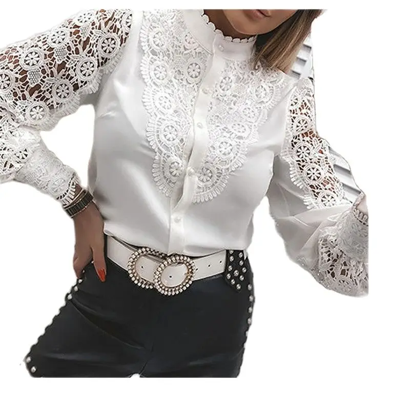 

Женская кружевная блузка, однотонная двухслойная ажурная блузка с цветочным узором и крючком, длинная туника большого размера, 2021