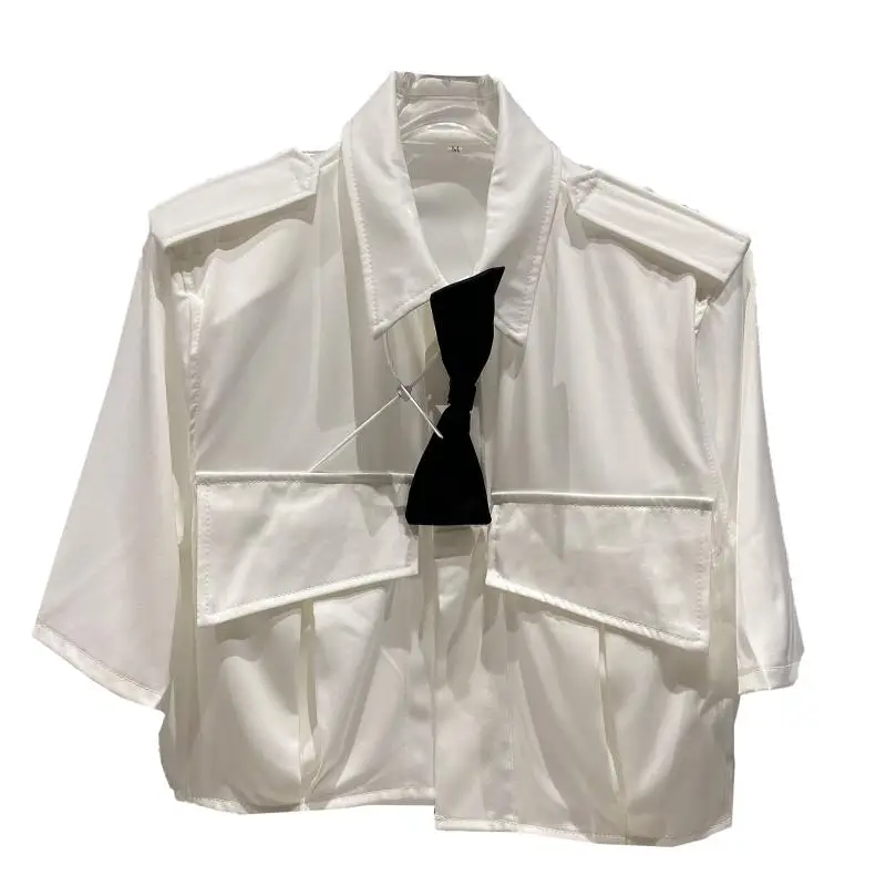 

2021 Spring New Women Short Shirts Bow Tie Double Shoulder Strap Design Short Shirt
