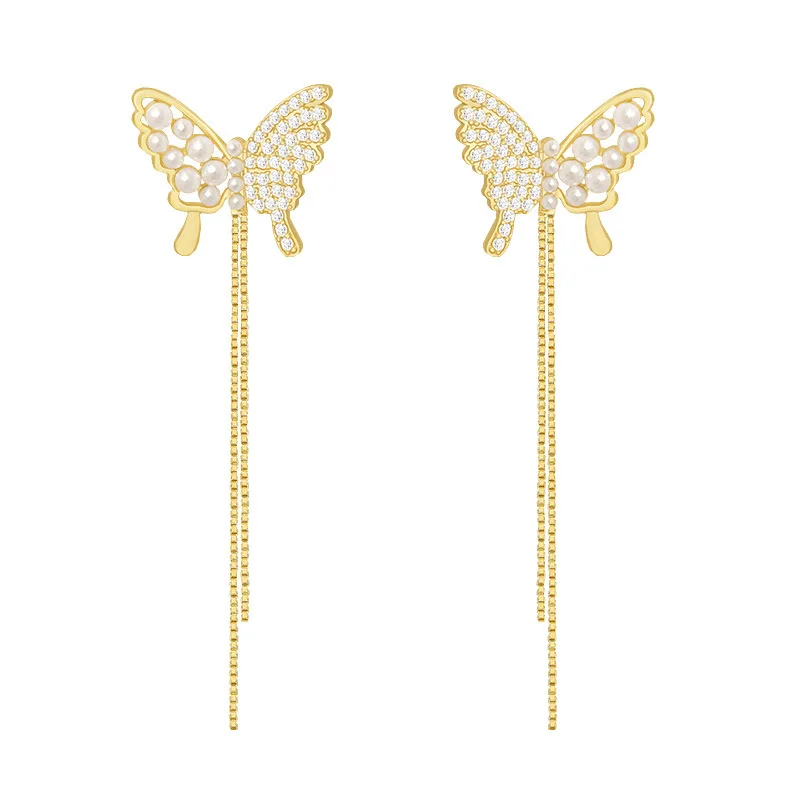 

2020 New Arrival Crystal Trendy Butterfly Long Tassel Dangle Earrings For Women Simulated Pearl Gold Metal Party Pendiente