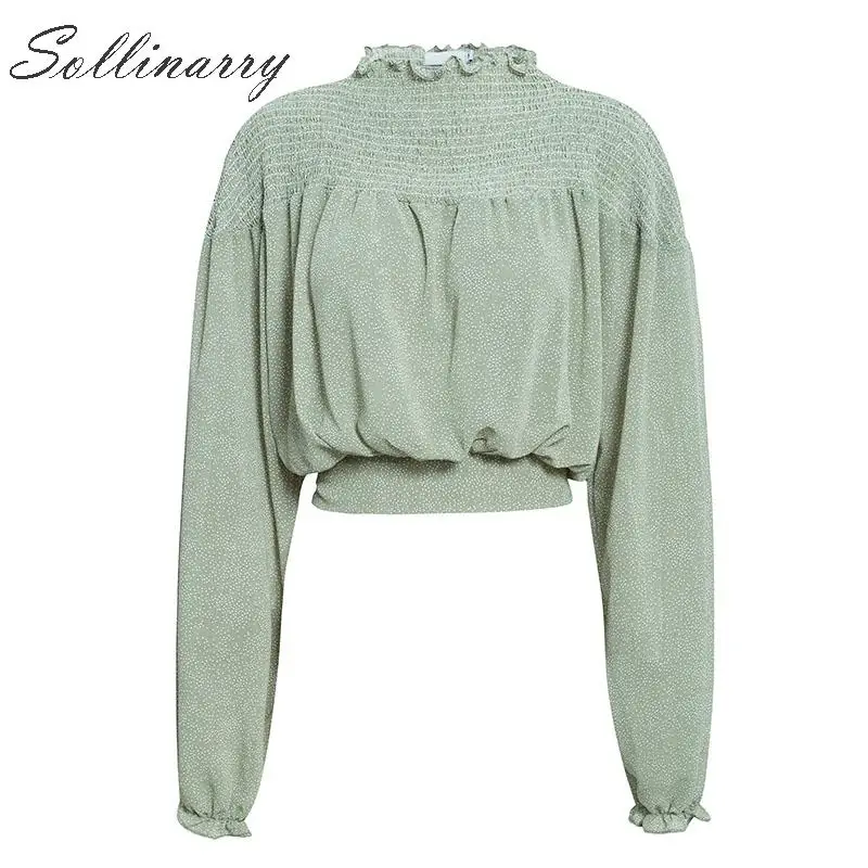 Sollinarry с воротником-стойкой Женский Короткие блузки рубашки 2019 Twist Ruffles осенние