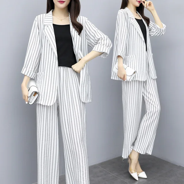 Элегантный комплект из 2 предметов в черно белую полоску Женский блейзер и