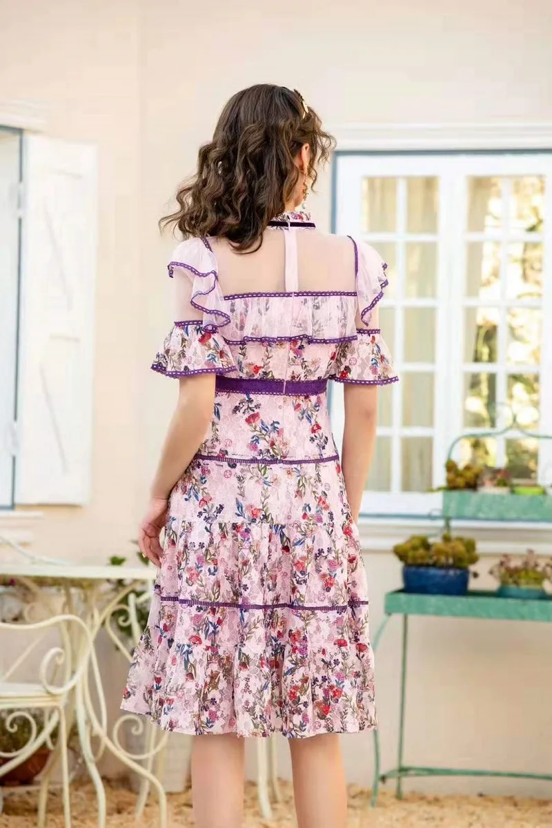 

Dress Top Quality 2021 Summer Women Stand Neck Sexy Sheer Mesh Patchwork Beautiful Flower Print Flare Sleeve Blue Pink Dress