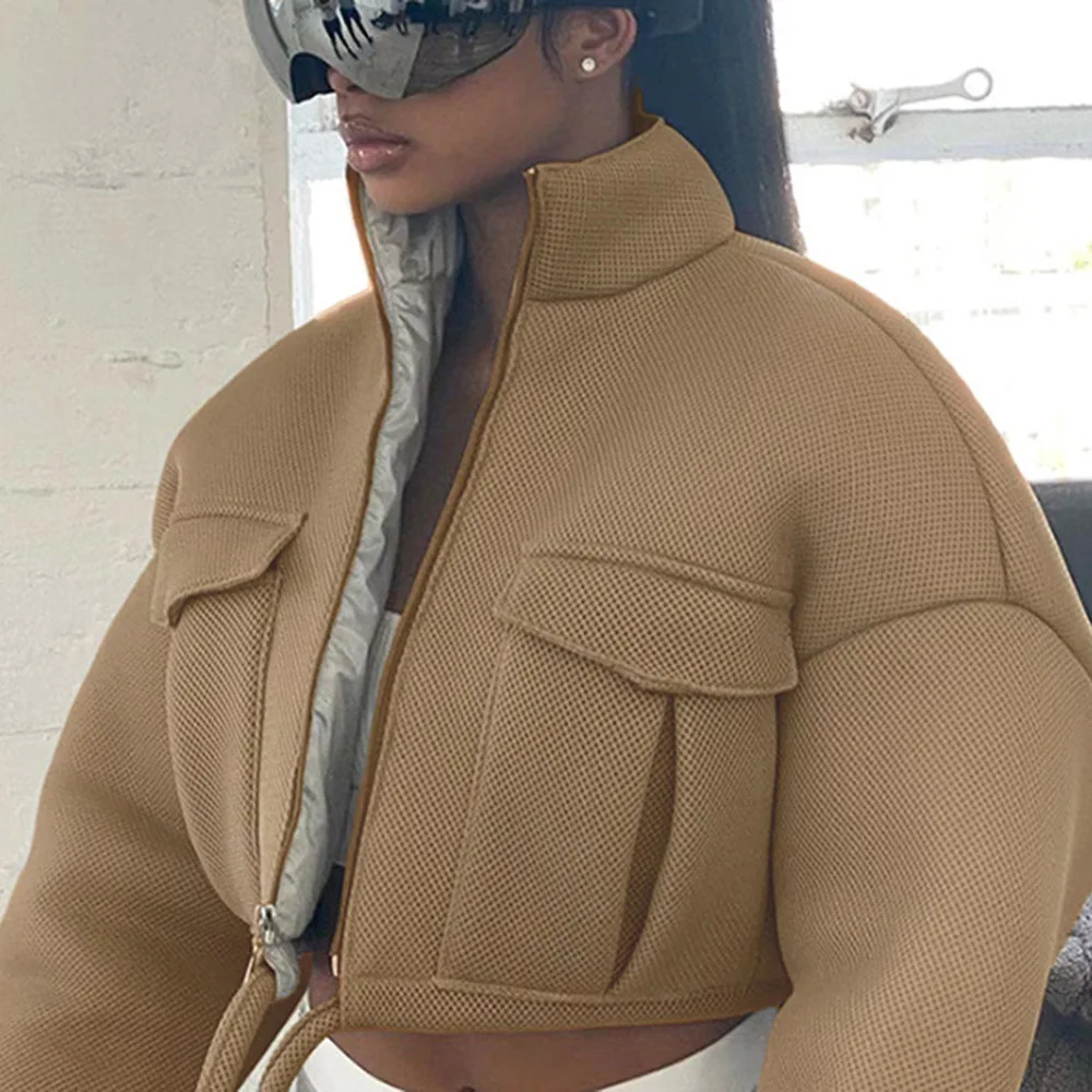 

Женское зимнее пальто в европейском и американском стиле, новинка 2021, пикантная свободная короткая куртка с открытым пупком и воротником-ст...