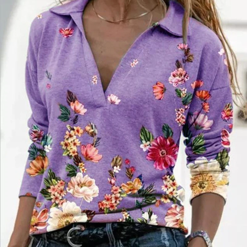 

Fashion Vintage Floral Printed Shirt Blouse Spring Autumn Long Sleeve Women Tops Pullover Casual V-Neck Loose Shirts