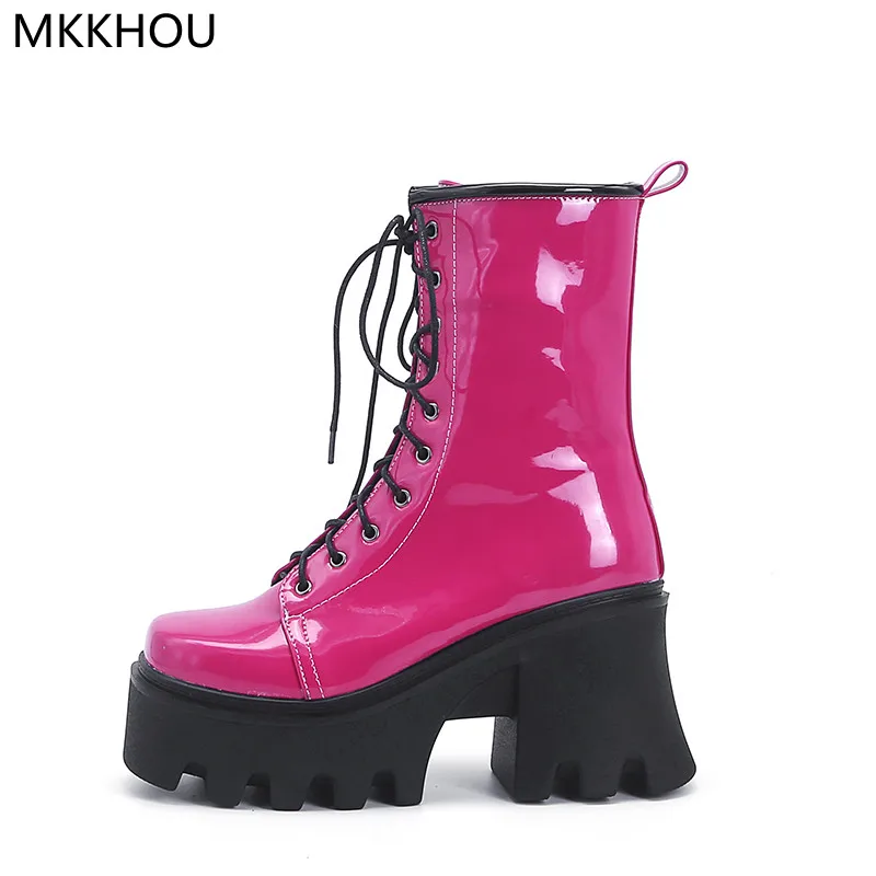 

MKKHOU модные короткие сапоги для женщин новые розовые мартинсы Яркие Кожаные Сапоги увеличенная толстая подошва кожаные сапоги с перекрестн...