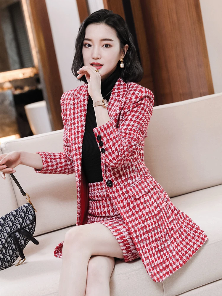 Модные клетчатые осенне зимние Официальные Женские деловые костюмы с юбкой и
