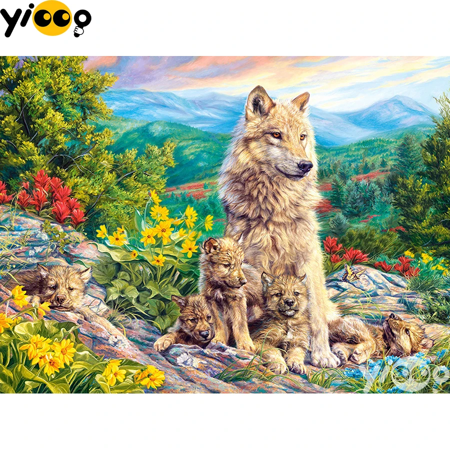 

Full Square/Round Drill Diamond Painting Cross Stitch Embroidery Wolf and its children Rhinestone Mosaic Home Decor Gift BX2167