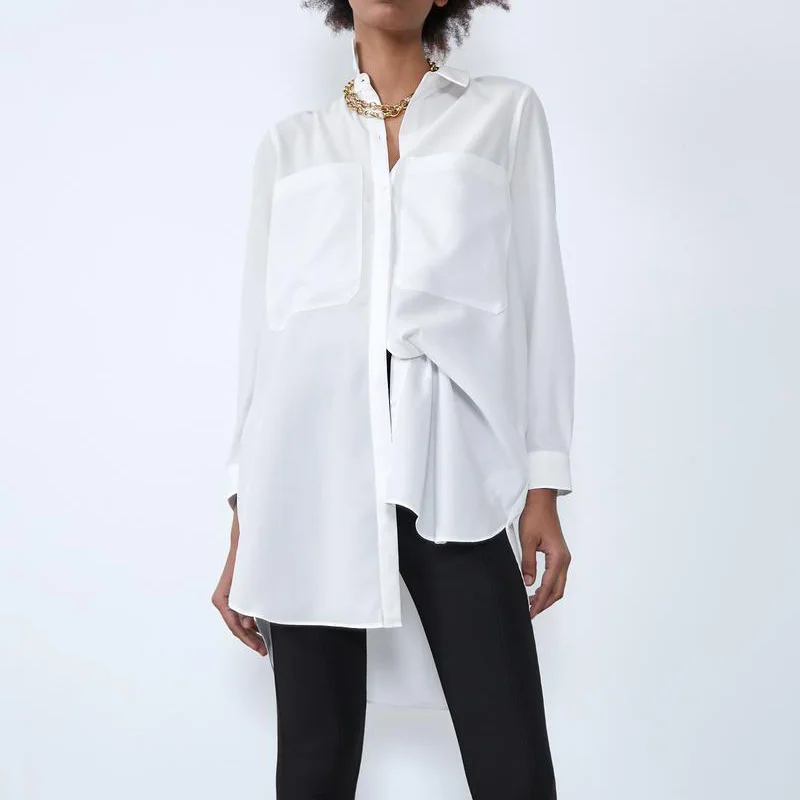 Женская Асимметричная блузка с длинным рукавом белая Повседневная Длинная