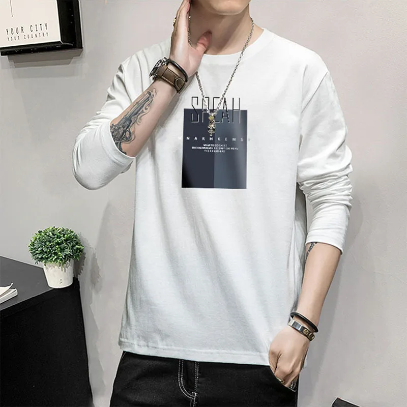 

Fashion long sleeve new T-shirt men's spring and autumn loose personality printing Joker simple fashion slim jacket.
