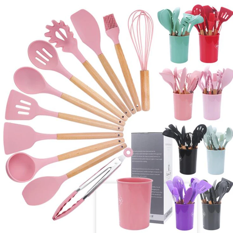 

11pcs Non-Stick Kitchen Utensils Cooking Set Multi-Color Storage Barrels Wooden Silicone Handle Kitchen Cookware Shovel Spoon