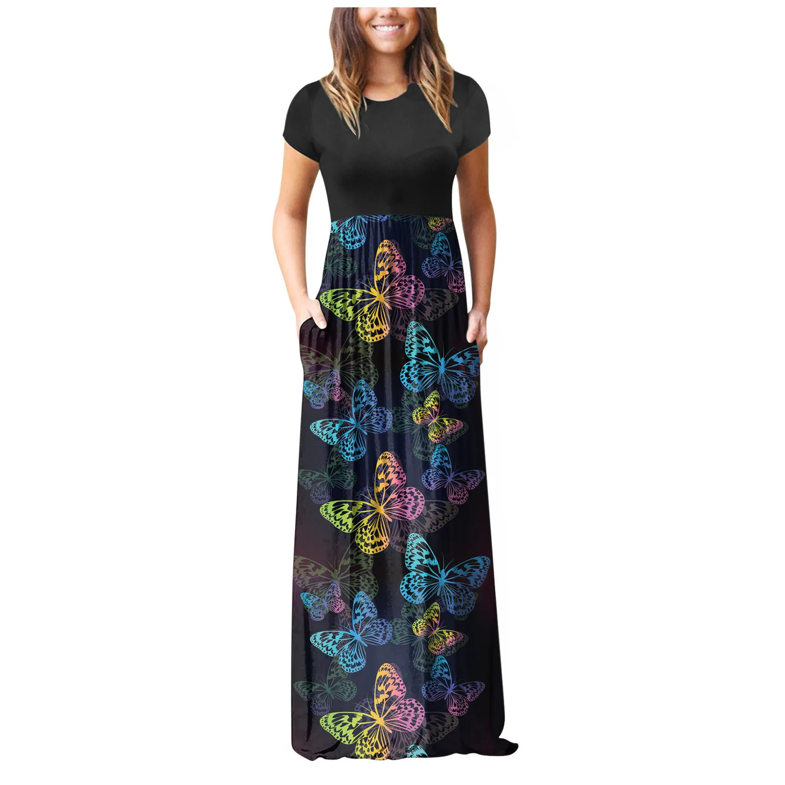 

Fashion Dresses Women Plus Size Print O-neck Sling Pockets Short Sleeve Vest Long Dress Beach Summer Dress Vestido De Mujer