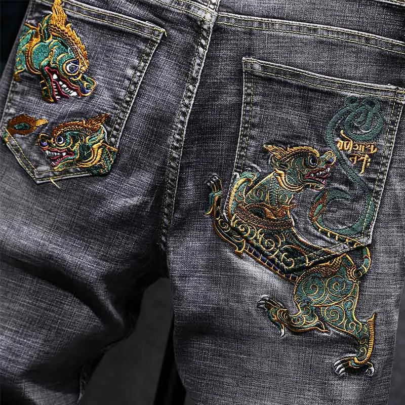 

KIOVNO Mens Fashion Casual Jeans Pants Washed Dragon Embroidery Denim Trousers For Male Hip Hop