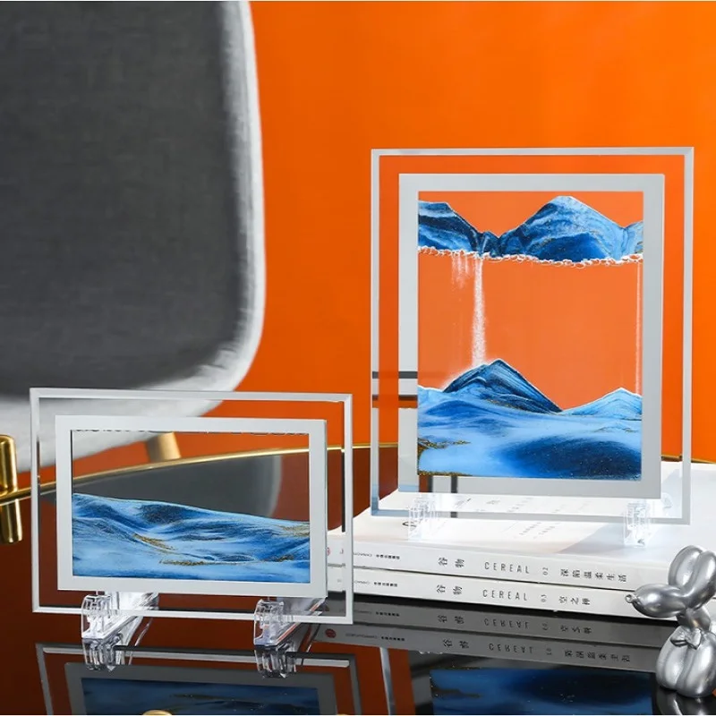 

3D Glass Sandscape Hourglass Moving Sand Art Picture Rectangle Glass Ornaments Desktop Decoration Quicksand Painting Home Decor