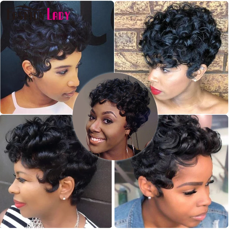 Дешевые Короткие парики из человеческих волос короткая стрижка для черный Для