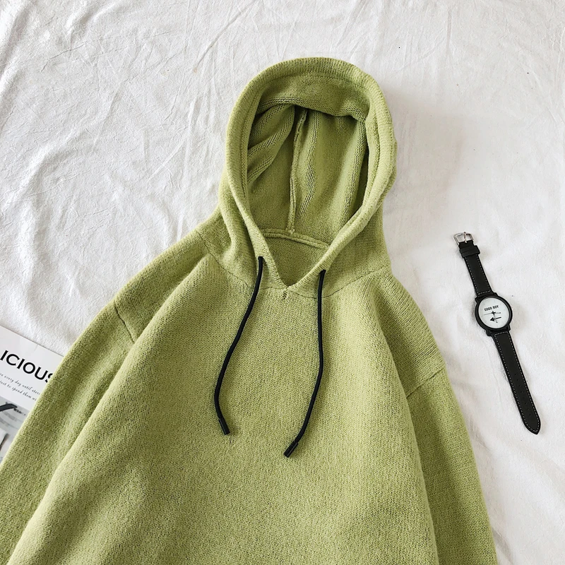 Winter Hooded Sweater Men's Warm Fashion Solid Color Casual Knit Pullover Men Wild Knitting Sweaters Male Sweter Clothes M-2XL - Цвет: green