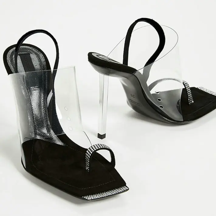 Black-7cm heel Летние сандалии со стразами; Лидер продаж; прозрачные сандалии из пвх; модельные туфли с открытым носком и прозрачным металлическим каблуком - Цвет: Black-7cm heel
