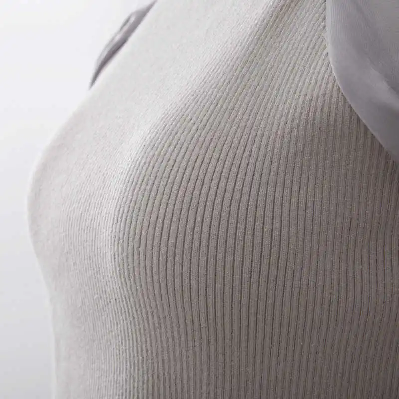 

[DEAT] Women Gray Patchwork Knitting Gauze T-shirt New Square Neck Long Lantern Sleeve Slim Fit Fashion Tide Summer 2021 7E688