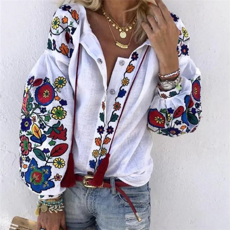 2019 Womens Long Puff Sleeve Flowers Blouses V-Neck Shirts Loose Sleeve Pullover Tops Autumn Spring Casual Lady Shirts Blouse