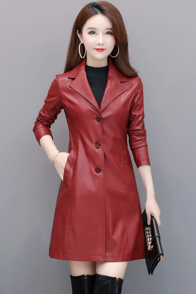 

JCHB 2021 New Spring Leather Autumn Coat Women's Mid-length Korean style slim fit women's large size jacket trench coat long