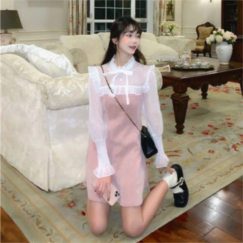 

Spring Kawaii Dress Women Elegant Bandage Patchwork Mini Dress Female Casual Japanese Style Streetwear Korean Dress Women 2021