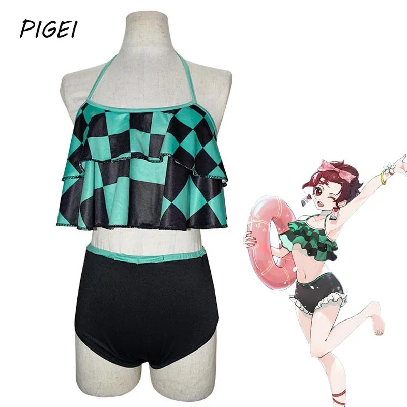 

Anime Demon Slayer Kamado Tanjirou Cosplay Swimsuits Girls Summer Tanjiro Green Swimwear Bathing Suits Bikini Beach for Women