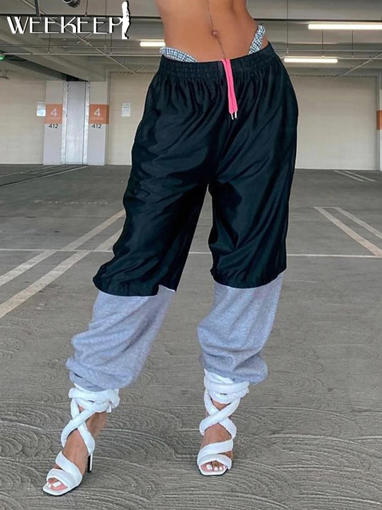 

Weekeep Autumn Baggy Sweatpants Women Lace Up Elastic High Waist Patchwork Long Pants Casual Jogger Trousers Y2k Lady Streetwear