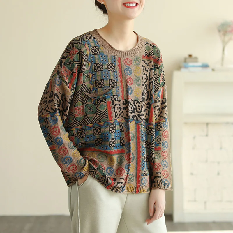 Женские винтажные свитера с цветочным принтом и круглым вырезом свободные