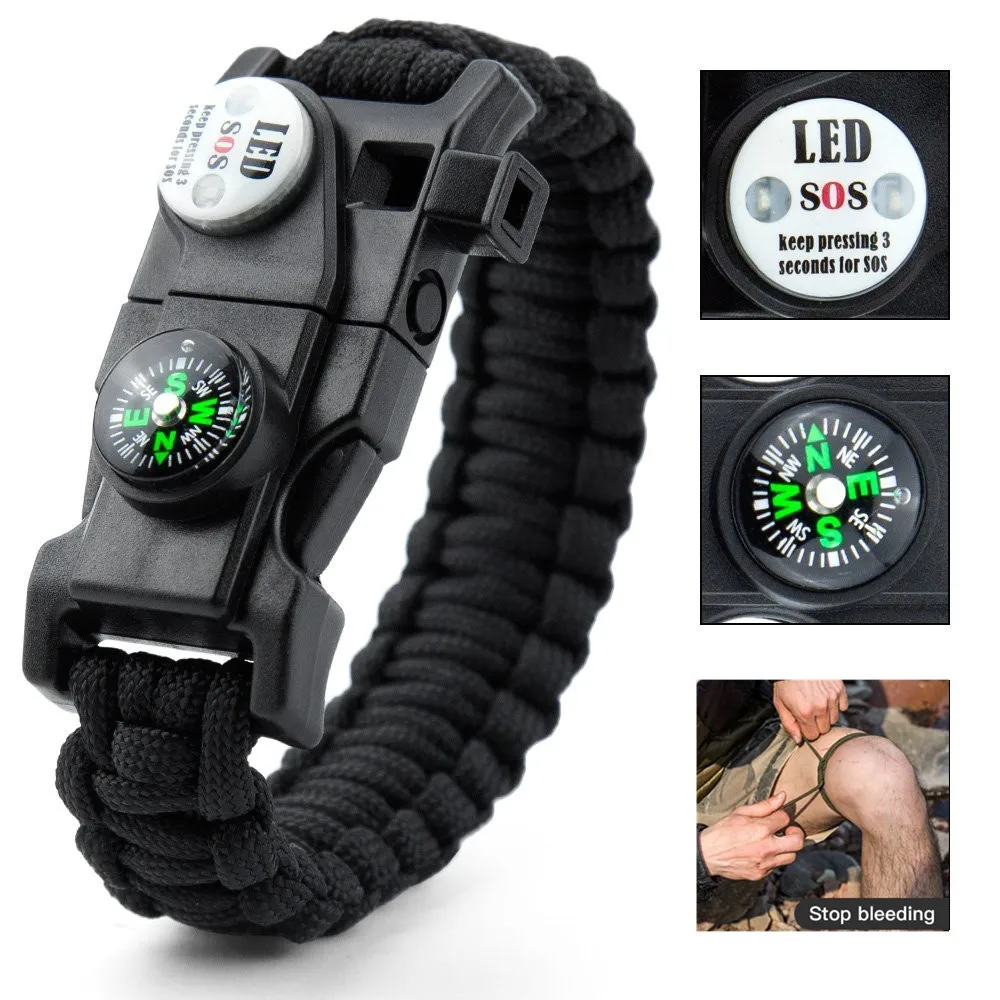 

Outdoor Multifunctional Survival Bracelet Paracord Braided Rope Men Camping EDC Tool Emergency SOS LED Light Compass Whistle