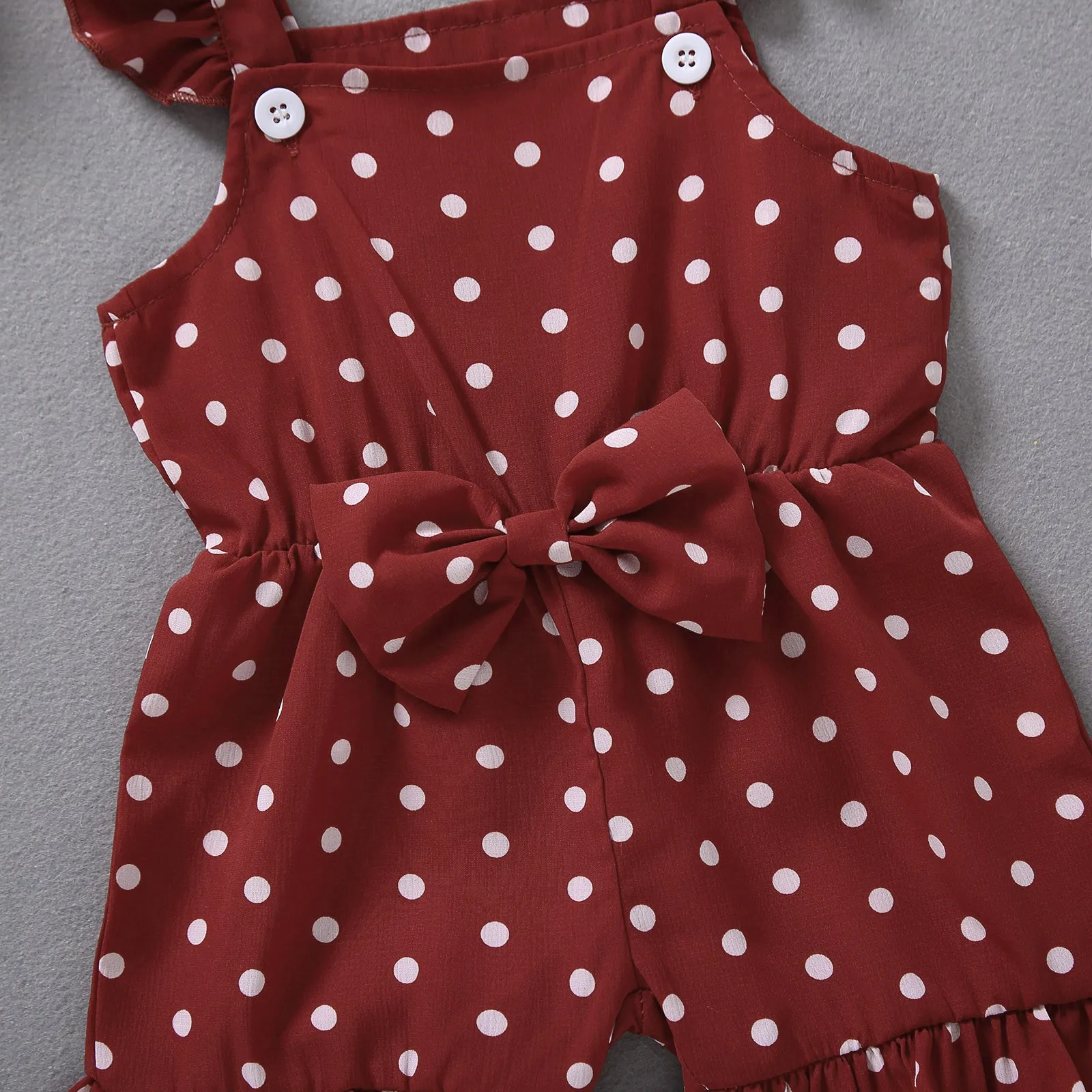 

Girls Jumpsuits Toddler Baby Outfits Ruffles Dot Printed Bowknot Suspender Romper Jumpsuit Summer New Children Clothing Rompers