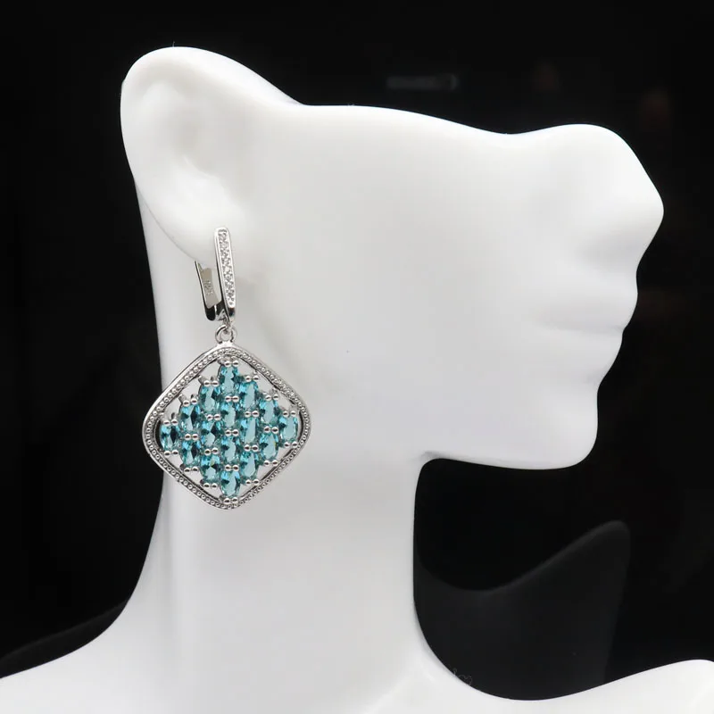 Серьги женские серебряные ярко голубые аквамариновые с цирконом 43x26 мм|925 silver