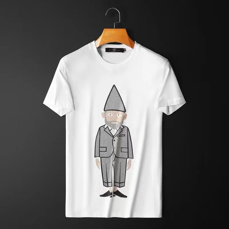 

High-end ice silk short-sleeved t-shirt men's tide brand ins cartoon summer thin section trend hot rhinestone bottoming merceriz